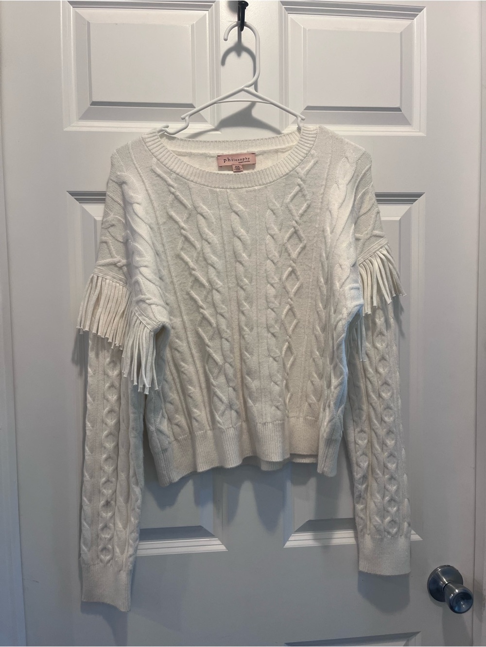 Philosophy Cream Cable Knit Fringe Crewneck Sweater